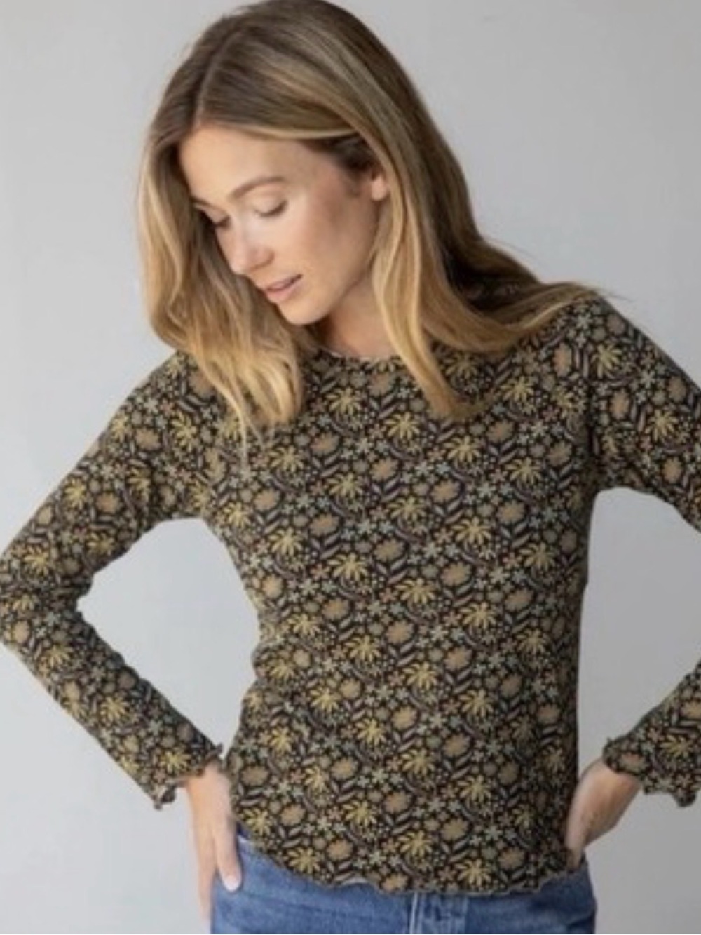 Natural Life Black Floral Long-Sleeve Crewneck Top
